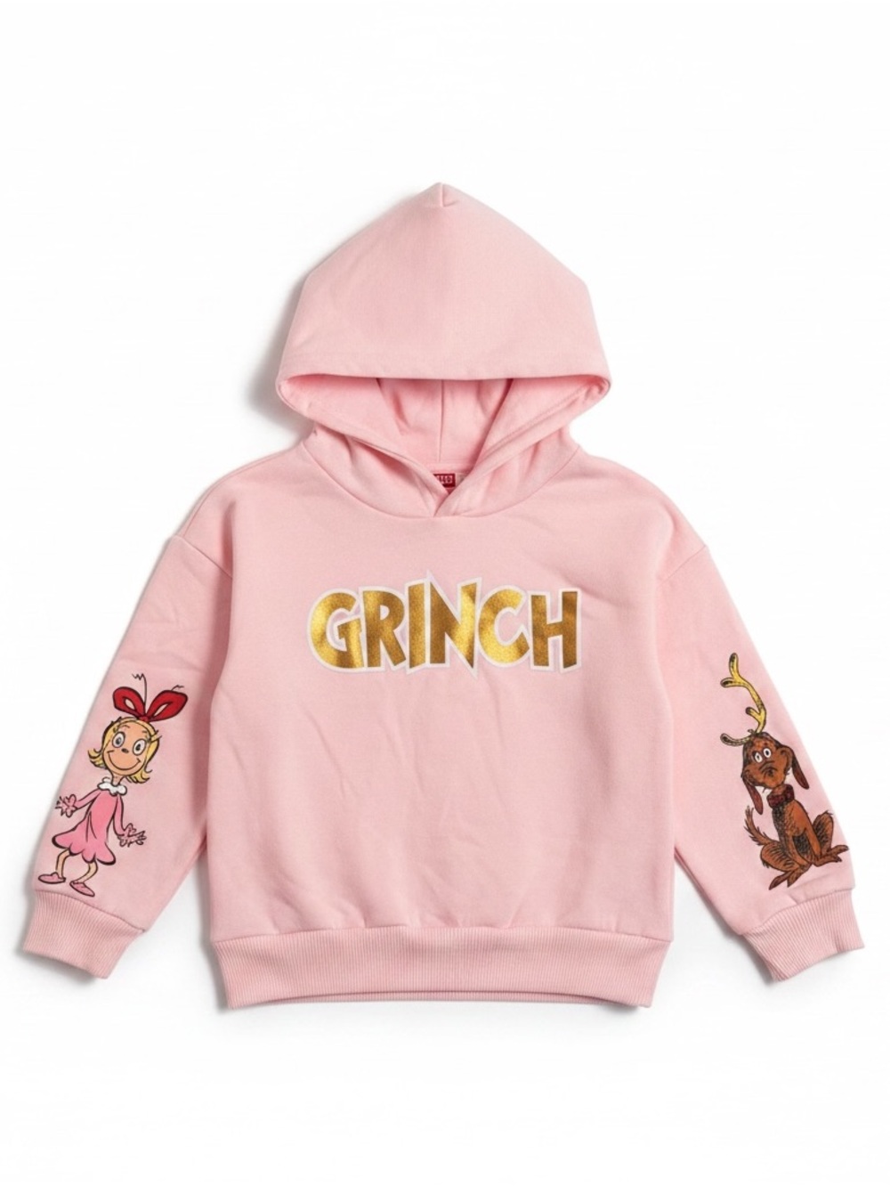 Dr. Seuss Light Pink Hoodie metallic gold "GRINCH"  characters on sleeves